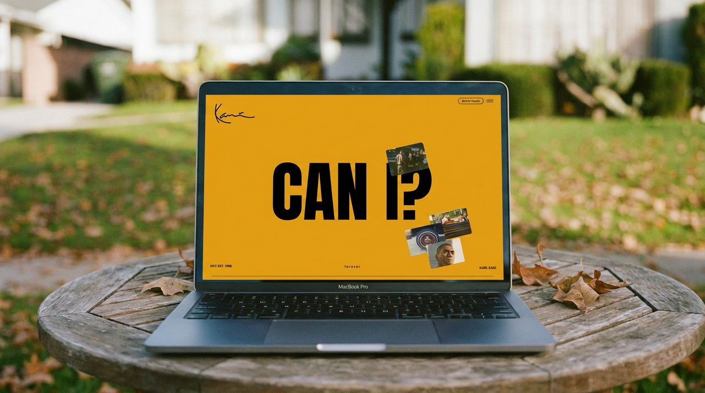 Karl Kani Markenwebsite auf dem Laptop: 'Can I?' – das Markenmotto als Einstieg